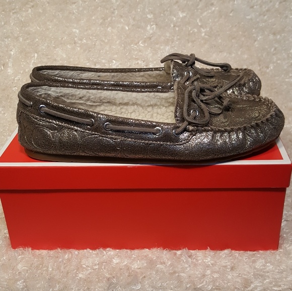 Coach Antonia Metallic Suede Shearling Moccasins - Picture 1 of 8